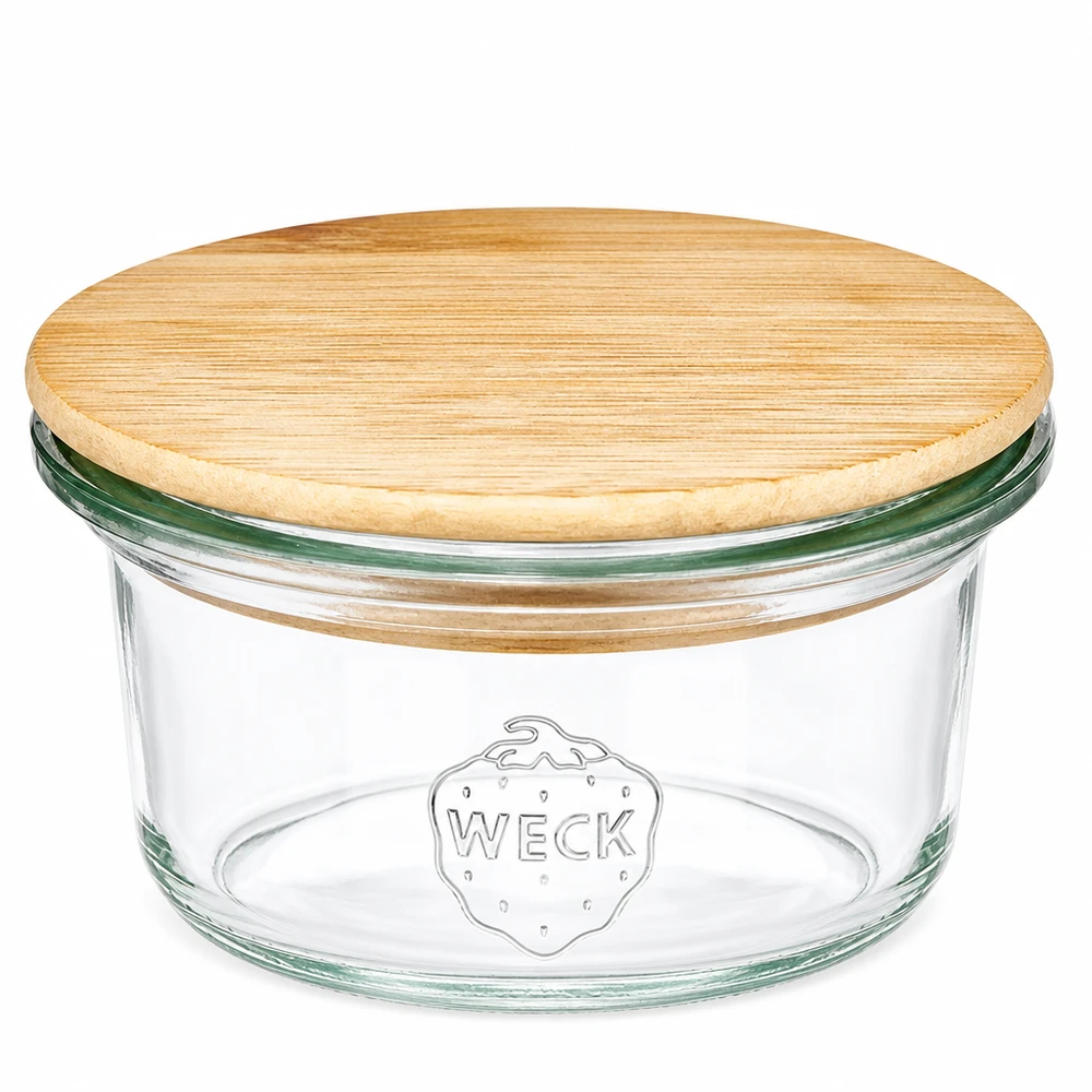 Mini tumbler WECK RR60 da 50 ml con coperchio rotondo in legno di bambù, barattolo trasparente con logo WECK