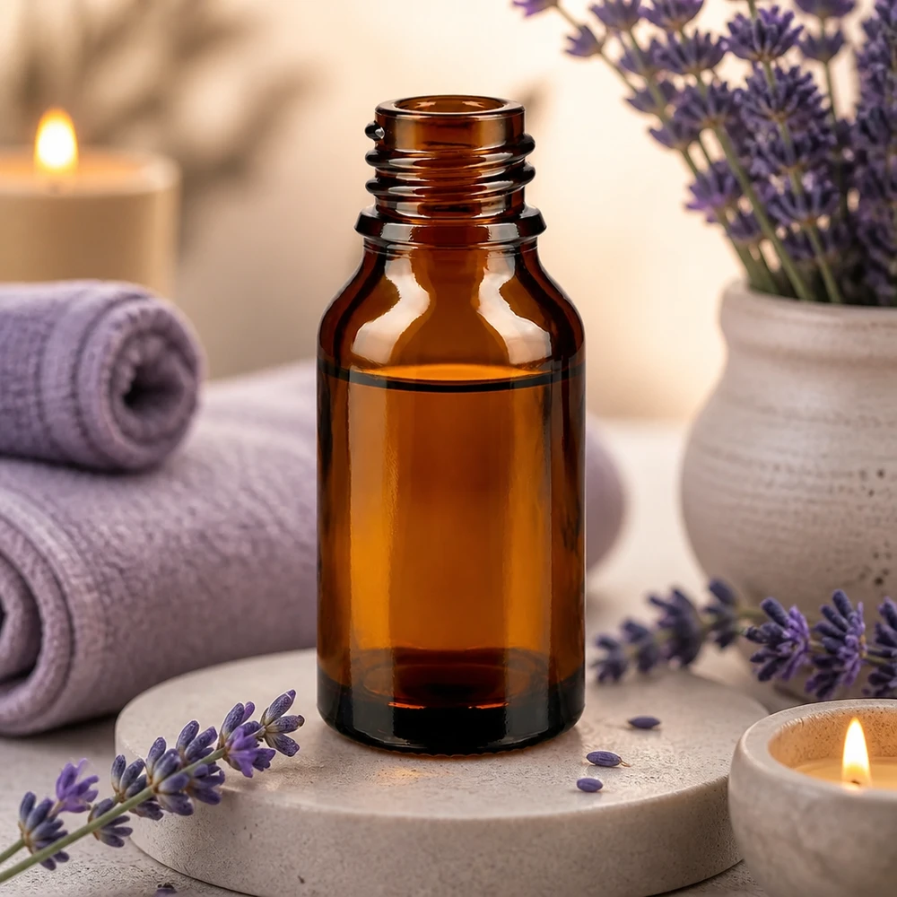 Bottiglia da farmacia marrone da 30ml ApoGlas con lavanda spa benessere aromaterapia asciugamani candele ambiente