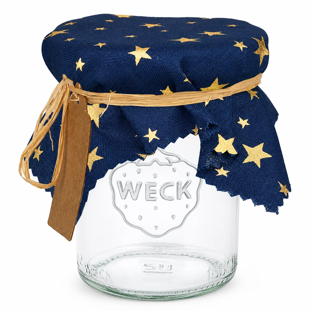 Centrino di stoffa per gioielli blu "stelle" 15cm quadrato Centrino in tessuto blu con stelle dorate su vaso da conserva Weck con fiocco ed etichetta 15 cm quadrati