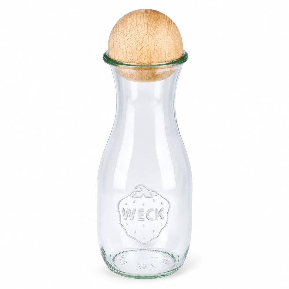 Bottiglia di succo WECK da 530 ml RR60 in vetro con chiusura a sfera in legno di faggio Bottiglia in vetro trasparente con logo WECK