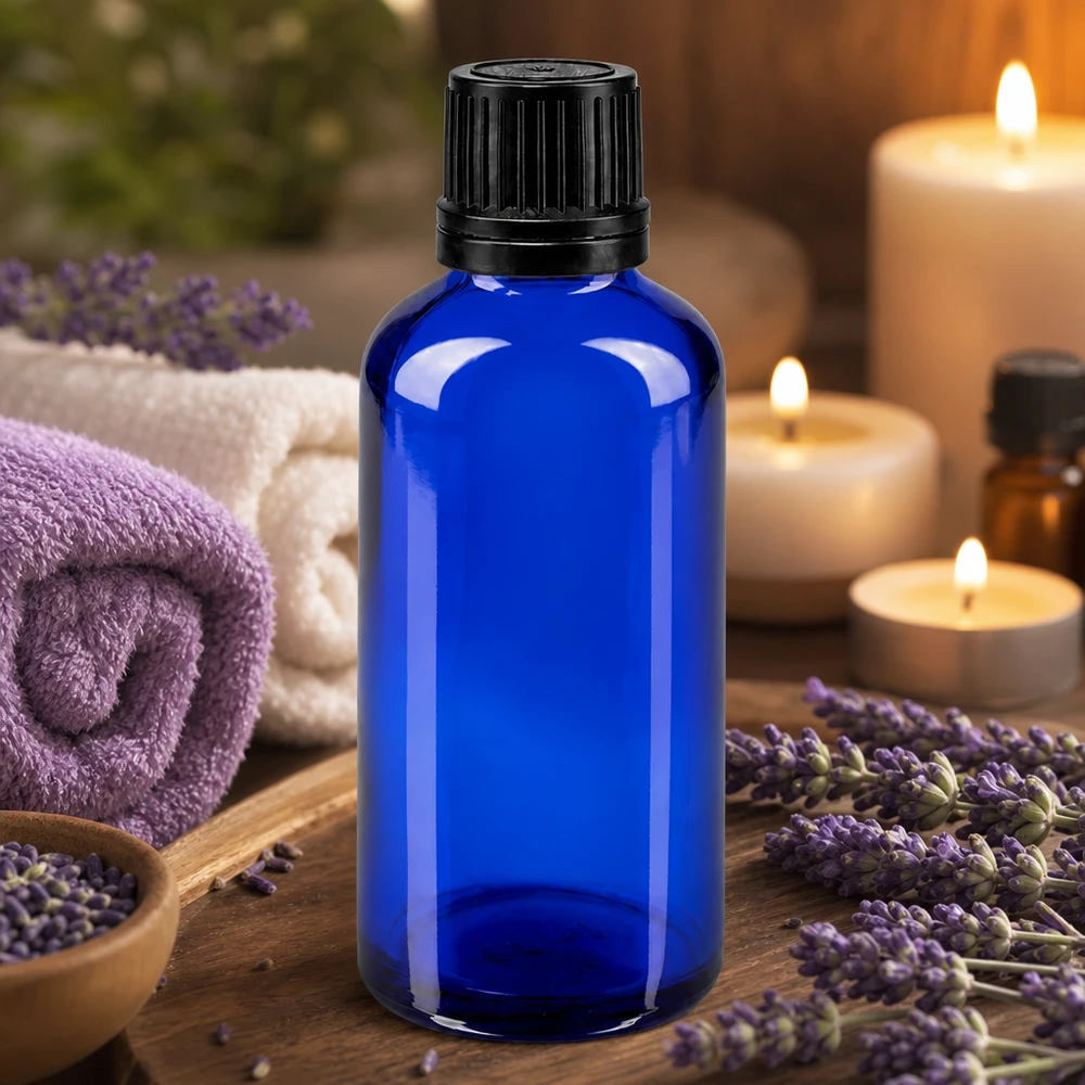 Flacone 50ml blu (Glo.)GR OV nero/8mm ApoGlas Flacone di vetro blu da 50 ml con tappo contagocce nero, tra fiori di lavanda e candele