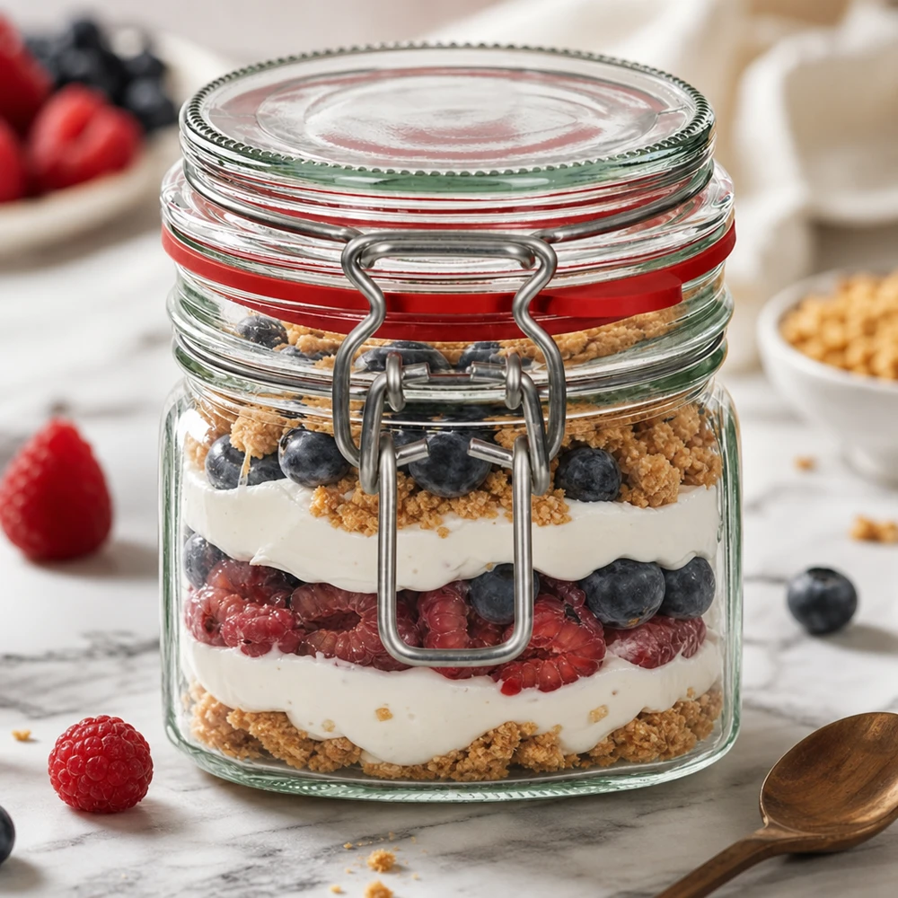 Barattolo da 370 ml tipo G con tappo a clip UN.. Vaso da conserva con chiusura a morsetto da 370 ml riempito con dessert a strati di frutti di bosco e yogurt