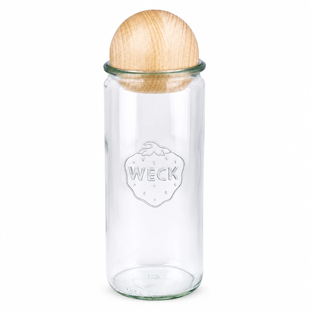 Vaso cilindrico WECK 1040ml RR80 con coperchio a sfera in legno di faggio, vaso da conserva trasparente con logo del marchio