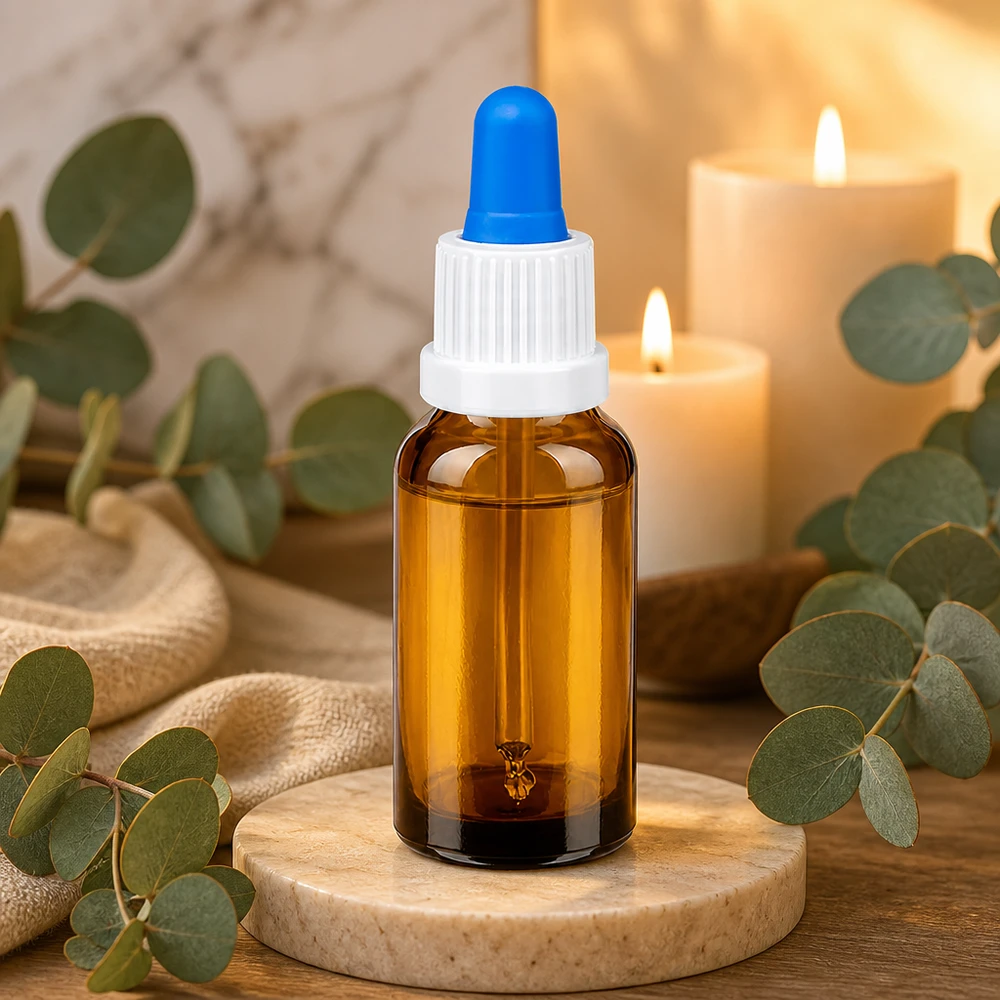 Flacone per pipette da 20 ml bianco/blu OV BrownLine UT18/20 Flacone da 20 ml in robusto vetro ambrato con tappo a vite bianco per oli essenziali
