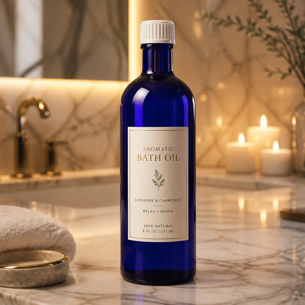 Flacone da farmacia blu da 200 ml – Sali da bagno con olio aromatico alla lavanda e camomilla – Olio da bagno naturale