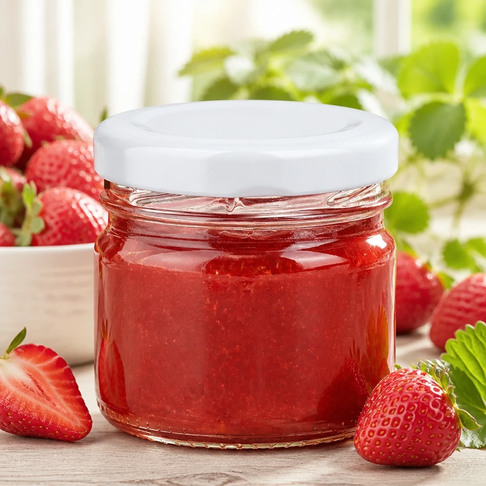 Vasetto monodose compatto UNiTWIST da 33 ml con coperchio BasicSeal per marmellata di fragole