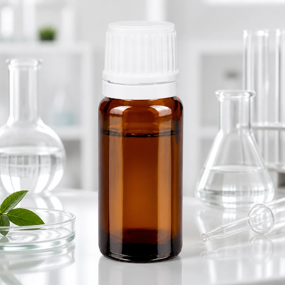 Fiaschetta da farmacia da 10 ml in vetro ambrato con tappo di sicurezza bianco in laboratorio