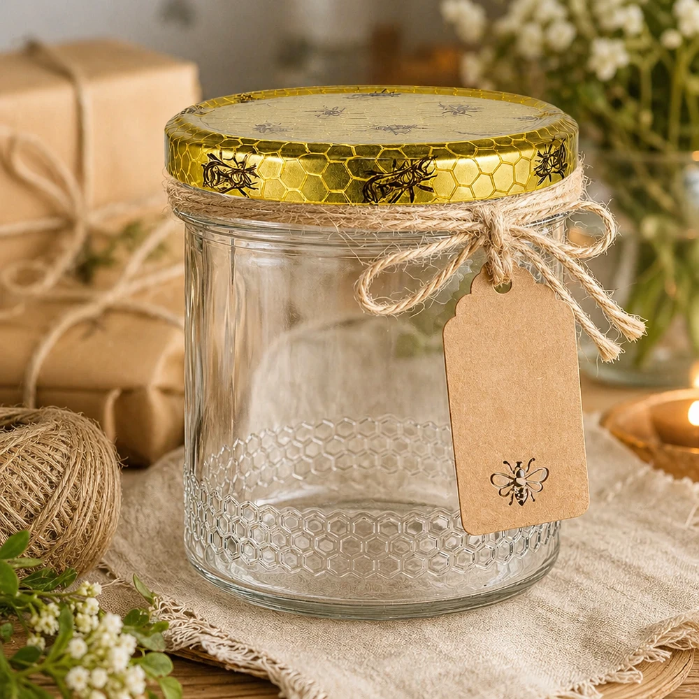 Vasetto per miele da 560 g con capsula a favo BasicSeal UNiTWIST Vasetto di miele da 400 ml decorato con corda di rafia e ciondolo, coperchio con motivo ape dorata, confezione regalo rustica