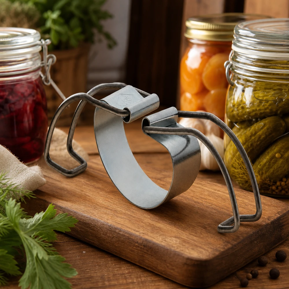 Staffa di fissaggio RR100 Scaffale per conserve RR100 su tavola di legno accanto a barattoli pieni di marmellata e verdure in salamoia