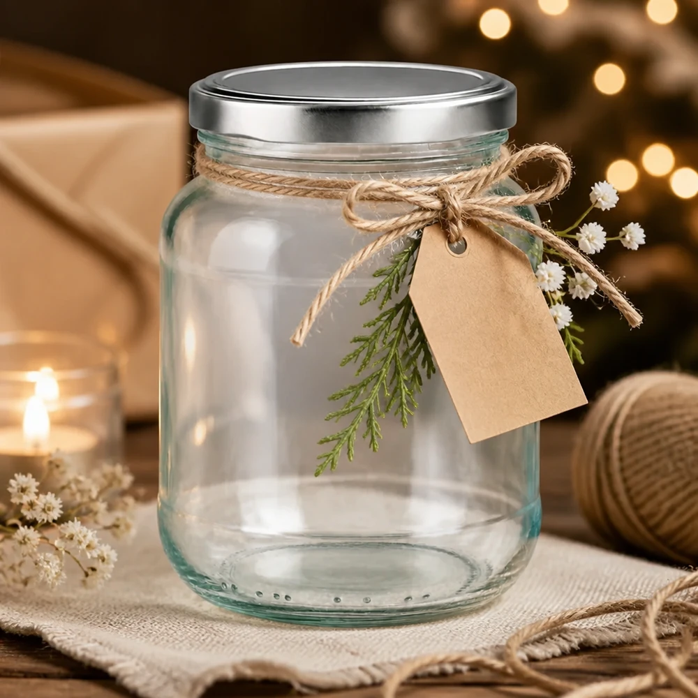 Vasetto ovale da 370 ml con coperchio BasicSeal argento UN.. Vasetto ovale da 370 ml con coperchio BasicSeal argentato come idea regalo, decorato con cordoncino di iuta e cartellino regalo