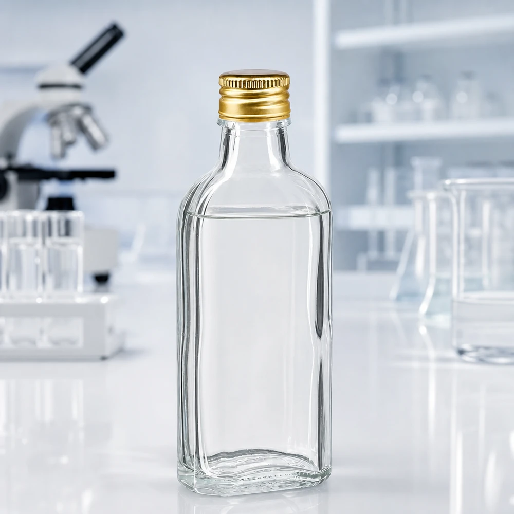 Piccola bottiglia di vetro da 100 ml, piatta e rettangolare, con tappo a vite dorato PP22, in laboratorio