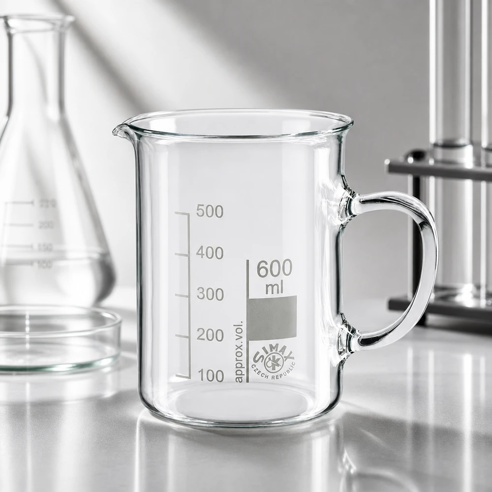 Bicchiere di vetro vuoto da 600 ml con manico della SIMAX (Repubblica Ceca) sul piano di lavoro del laboratorio