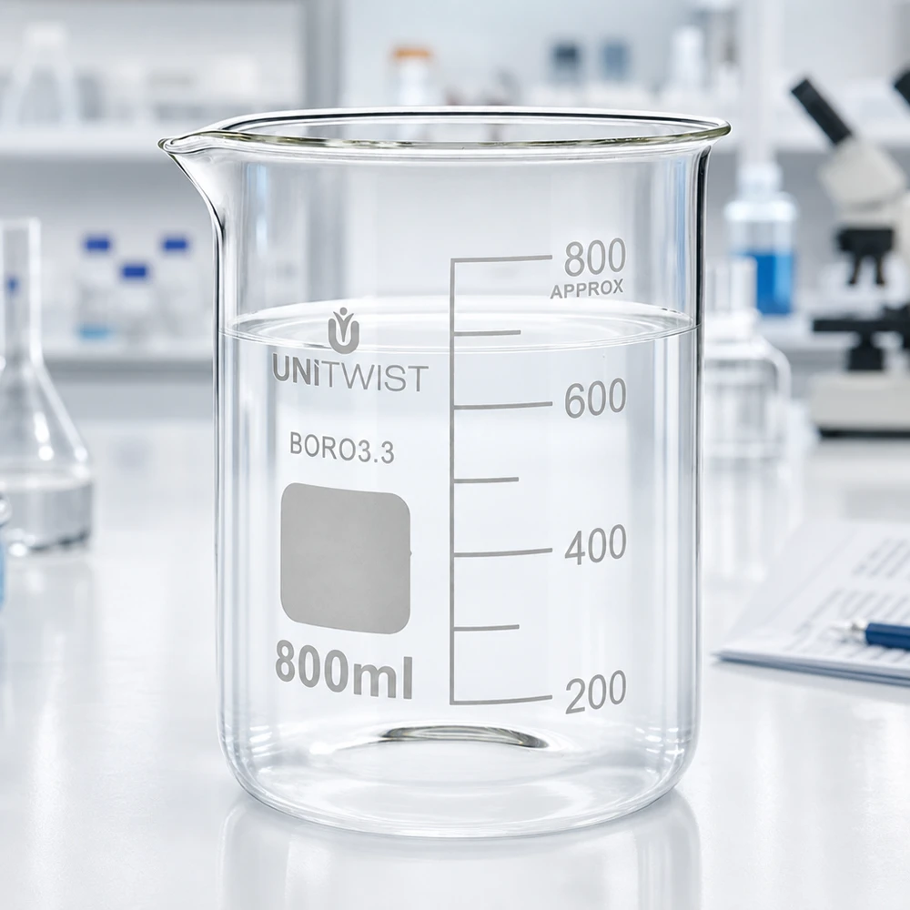 Bicchiere da laboratorio UNiTWIST da 800 ml in borosilicato 3.3, forma bassa, trasparente, su un tavolo da laboratorio bianco