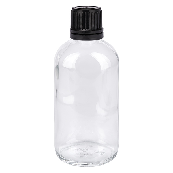 100ml (Globul)Flas. 8mm GR s. STD ClearL. UT18/100 Flacone di vetro trasparente da 100 ml con tappo a vite nero per globuli e prodotti omeopatici