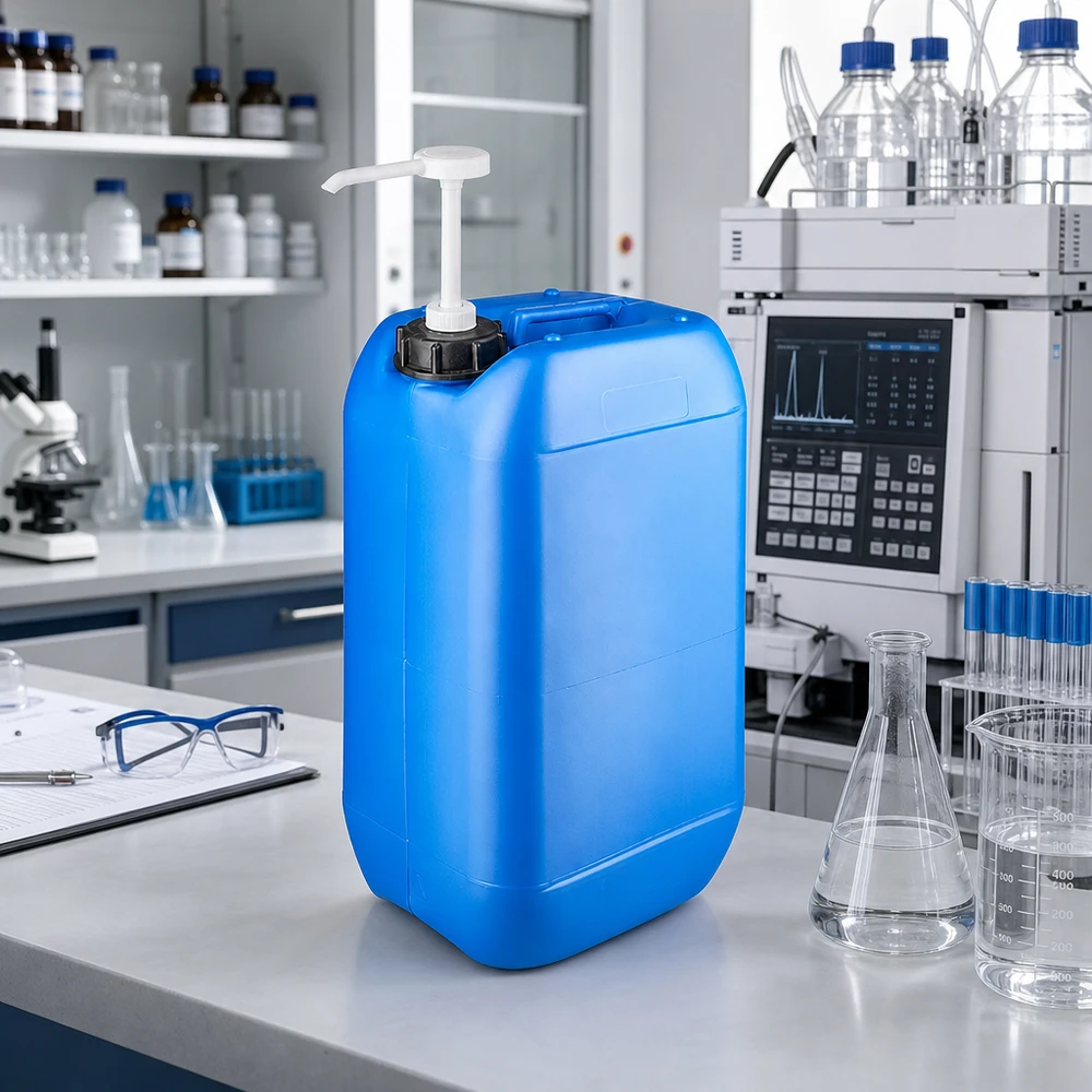 Tanica 15 litri blu con pompa dosatrice Tanica rettangolare in plastica blu da 15 litri con pompa bianca in un ambiente di laboratorio professionale