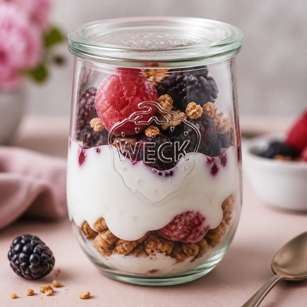 WECK vaso tulipano 1062ml riempito di yogurt bacche muesli dessert a strati RR100 vaso coperchio colazione parfait rosa backgru