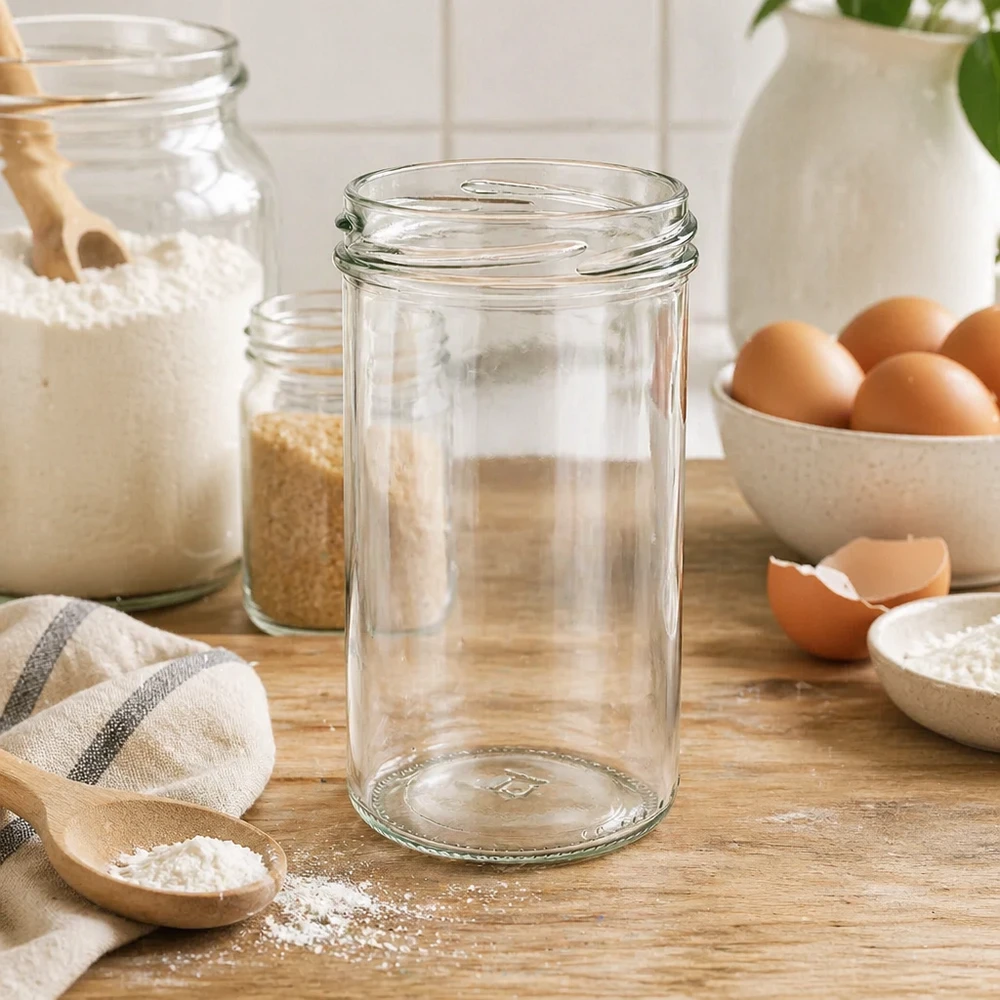 UNiTWIST Sturz277 - tumbler capacità 277ml TO66 Bicchieri UNiTWIST 277ml TO66 vuoti su tavolo di legno con utensili da cucina uova e farina in cucina rustica