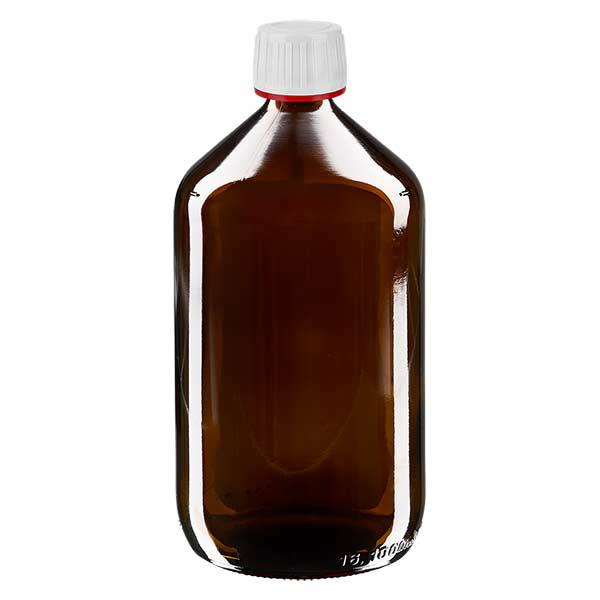 Flacone per medicinali da 1000 ml marrone, tappo bianco con chiusura antimanomissione Flacone per medicinali da 1000 ml marrone, tappo bianco con chiusura antimanomissione