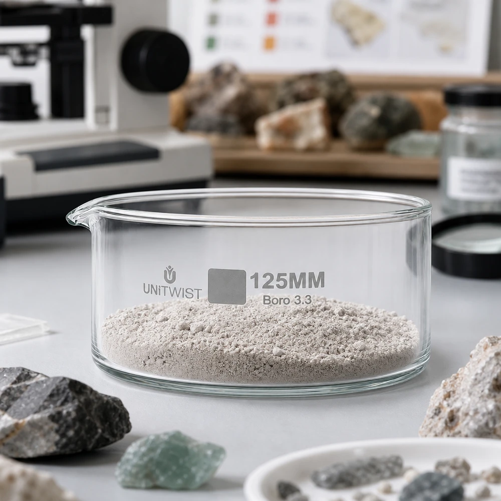Piatto per cristallizzazione ø125mm in vetro borosilicato UNiTWIST Vaschetta di cristallizzazione da 125 mm UNiTWIST Boro 3.3 con polvere di roccia macinata in un laboratorio mineralogico