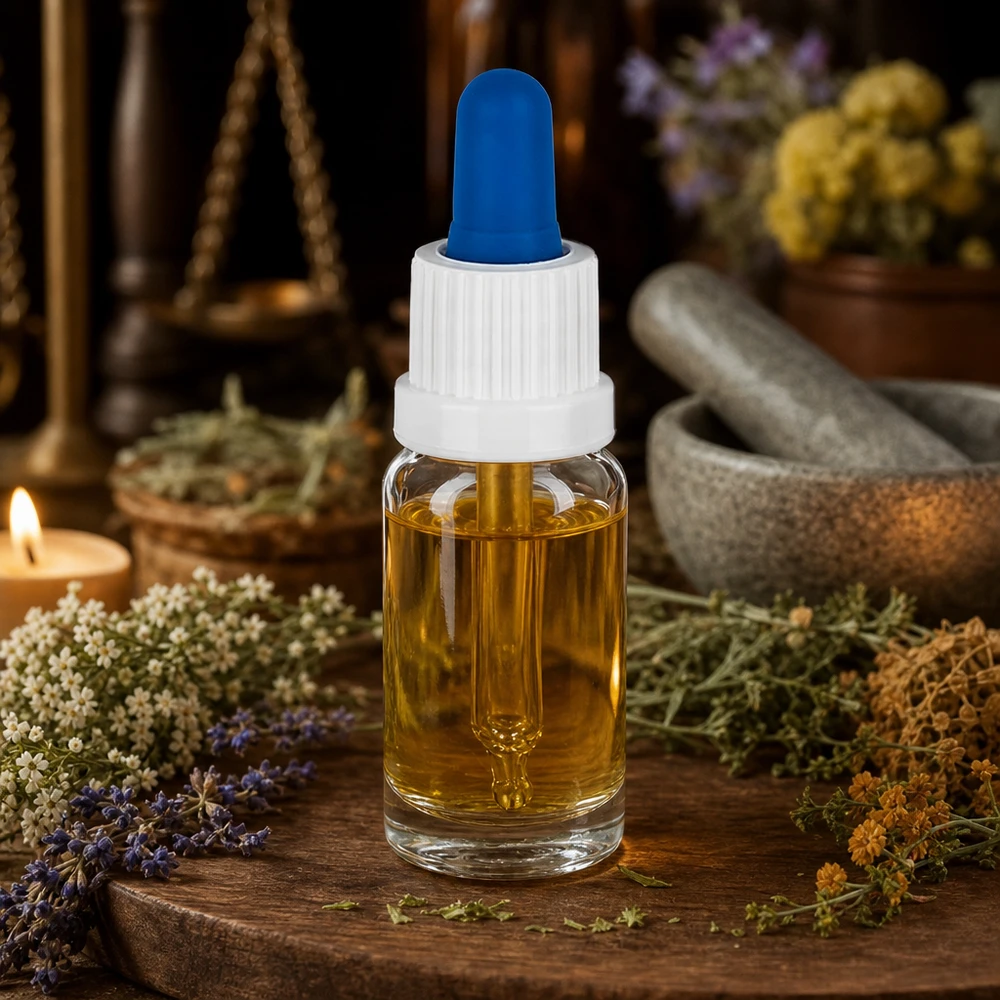 Flacone con pipetta per aromaterapia da 10 ml con mortaio per erbe e bilancia in stile farmacia