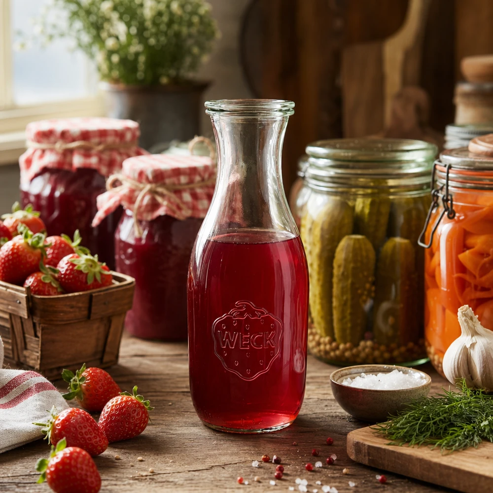 Bottiglia di succo WECK da 1062 ml riempita di succo di fragola rossa circondata da fragole fresche e barattoli di conserva in cucina