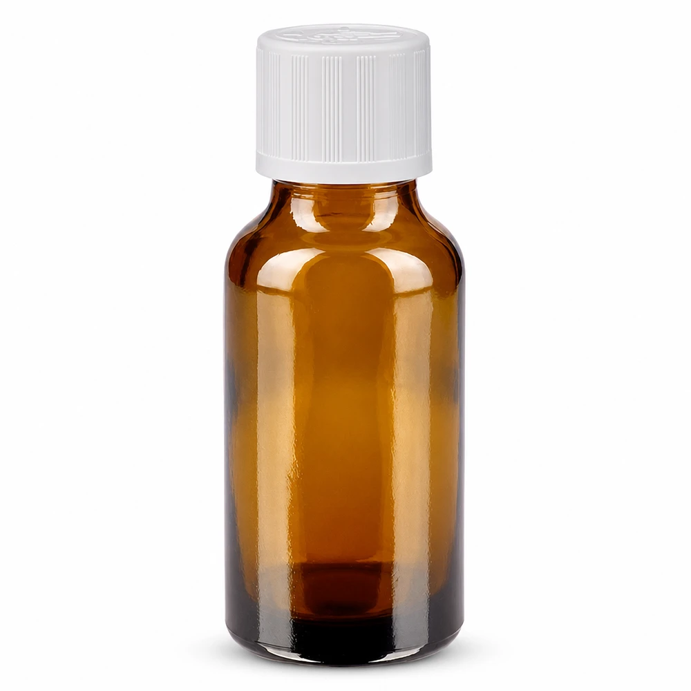 Flacone da farmacia da 20 ml in vetro ambrato di alta qualità, con tappo di sicurezza per bambini bianco