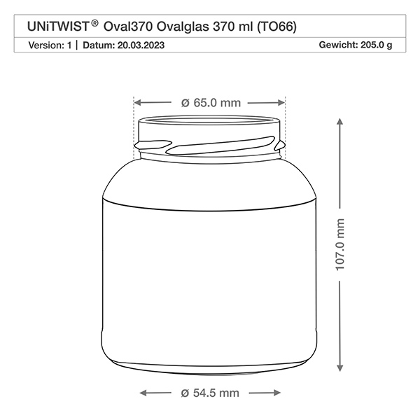UNiTWIST Oval370 - Vaso ovale capacità 370ml TO66 Disegno tecnico UNiTWIST Oval370 Bicchiere ovale 370ml TO66 con dimensioni Diametro 65mm Altezza 107mm Peso 205g