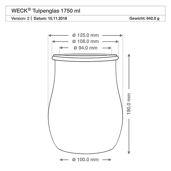 Set di 6 bicchieri Weck da 1750 ml a tulipano WECK vaso a tulipano 1750ml RR100 disegno tecnico Dimensioni Diametro 125mm Altezza 190mm Specifiche tecniche