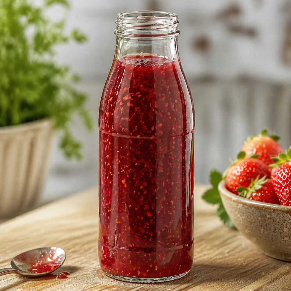 Bottiglia di vetro da 500 ml senza coperchio (TO48) UNiTWIST Bottiglia di vetro da 500 ml senza coperchio TO48 UNiTWIST riempita di marmellata rossa accanto a fragole fresche su un tavolo di legno
