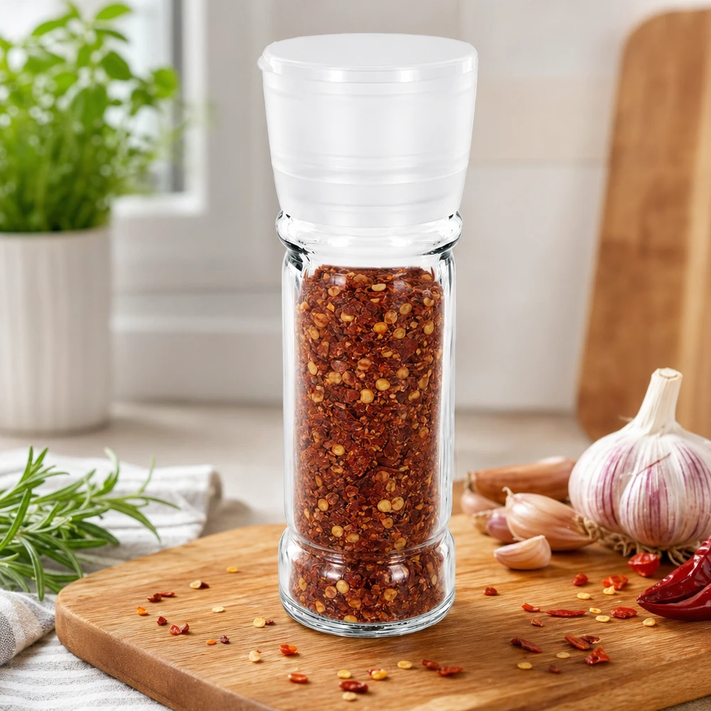Barattolo per spezie da 100 ml con macinino bianco, riempito di fiocchi di peperoncino, su un tagliere di legno