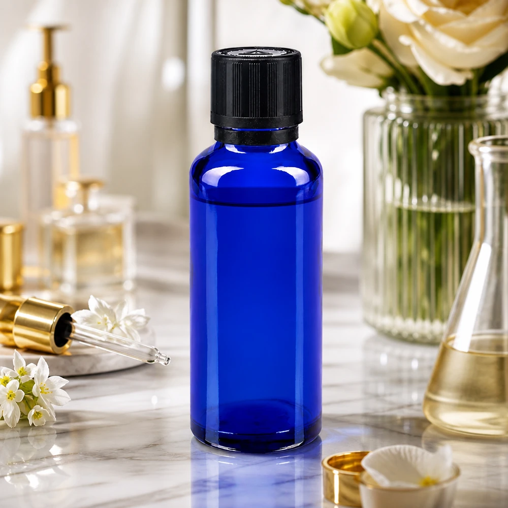 Flacone da farmacia da 30 ml blu cobalto con tappo in KiSi su fondo marmorizzato, circondato da flaconcini cosmetici