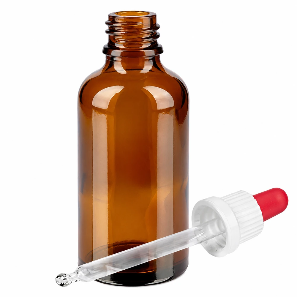 Flacone per pipette da 50 ml bianco/rosso OV BrownLine UT18/50 Flacone in vetro marrone da 50 ml con pipetta contagocce - ideale per oli essenziali e applicazioni di laboratorio