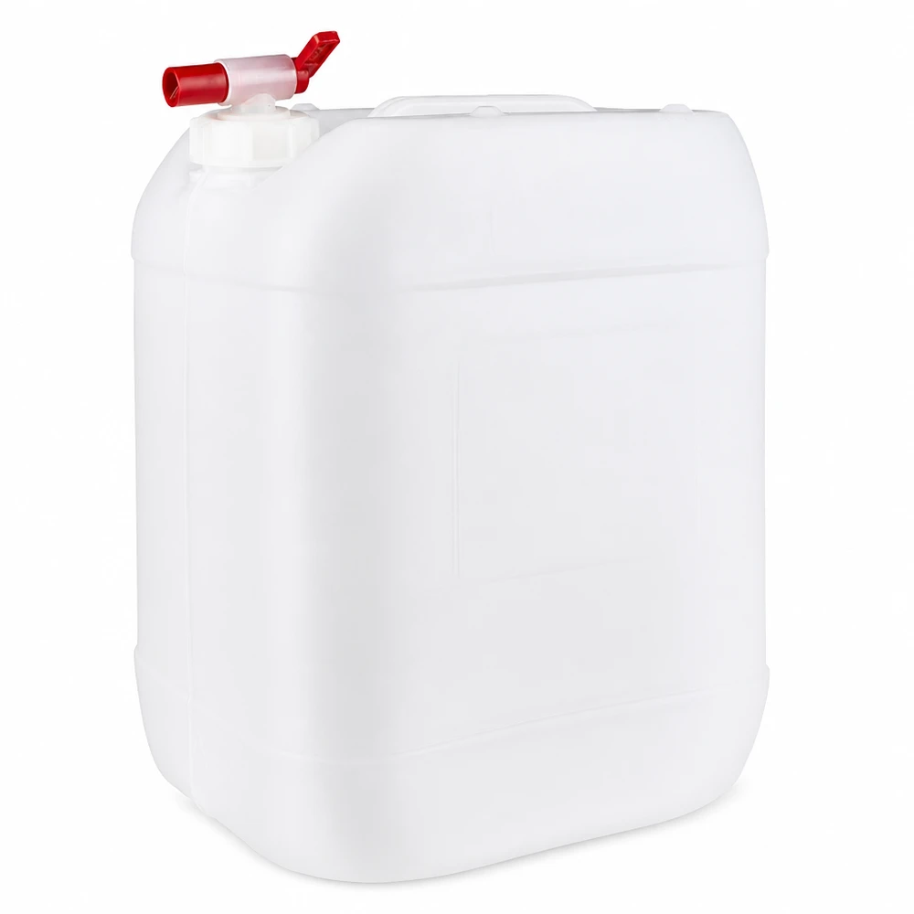 Tanica da 20 litri con rubinetto di scarico Tanica in plastica bianca da 20 litri con rubinetto di scarico rosso, realizzata in HDPE