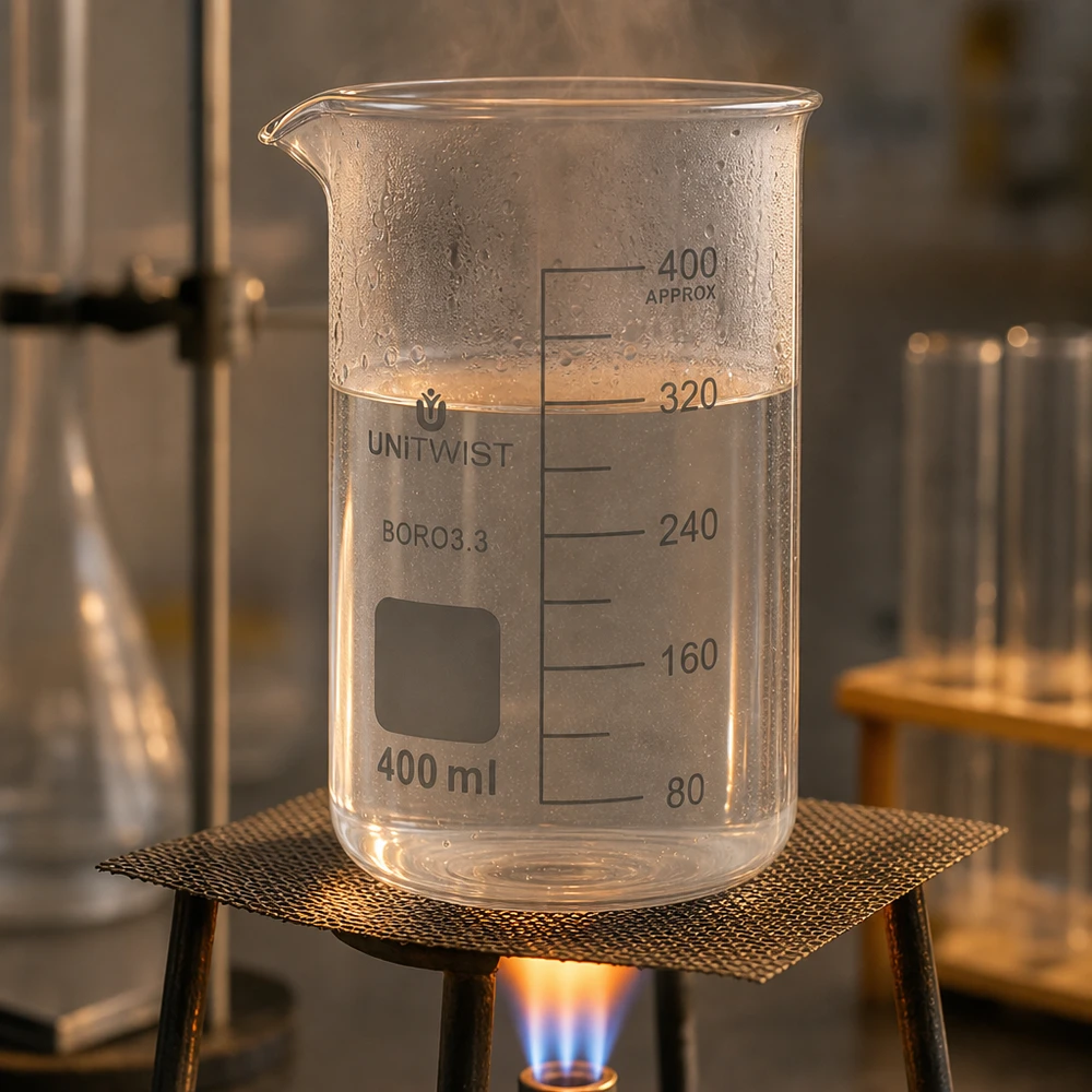 Bicchiere da laboratorio UNITWIST da 400 ml in vetro borosilicato, di forma alta, riscaldato sopra un becco Bunsen su una griglia metallica
