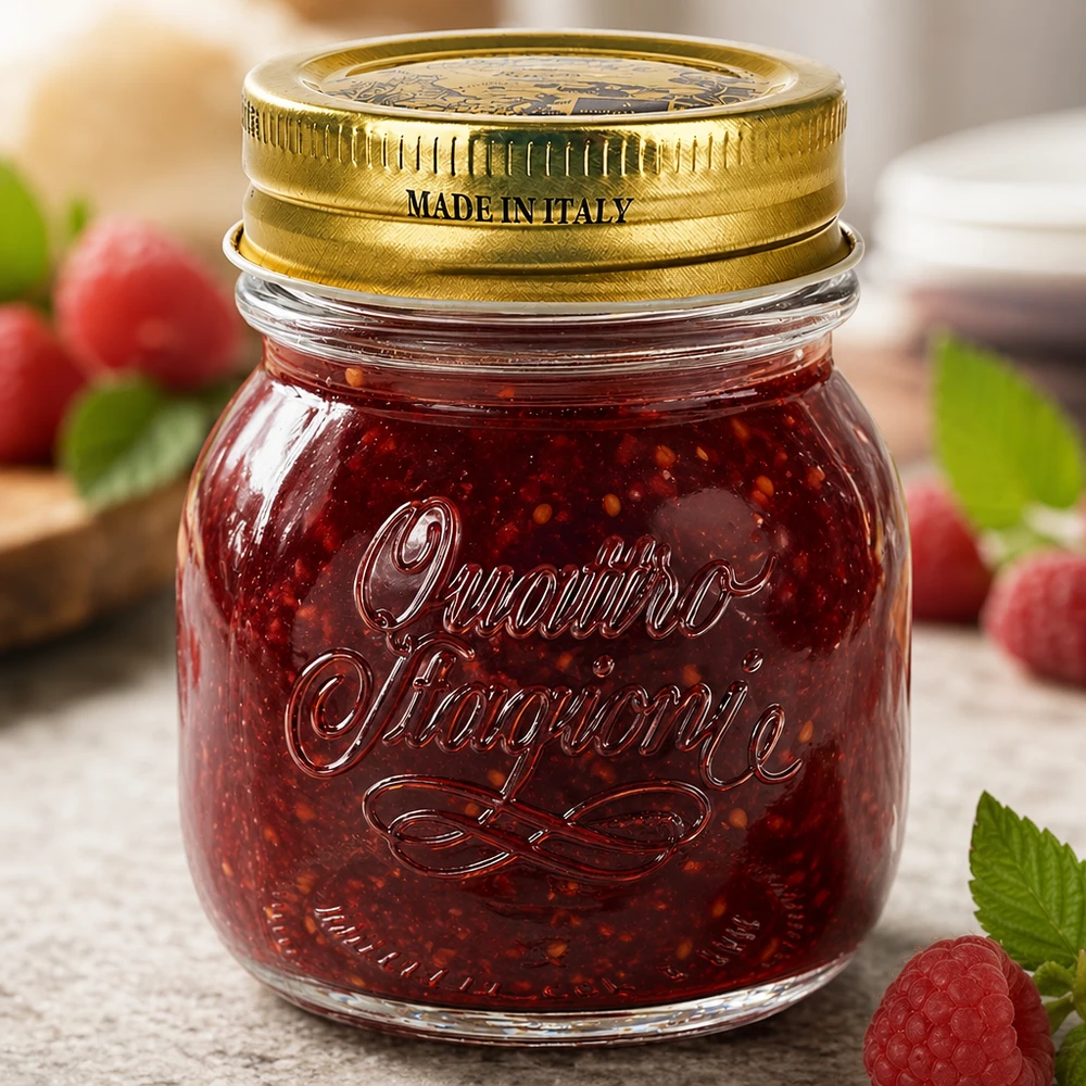 Barattolo rotondo da 150 ml "Quattro Stagioni" con coperchio Barattolo rotondo Quattro Stagioni da 150 ml con coperchio dorato Made in Italy con confettura rossa e frutti di bosco freschi