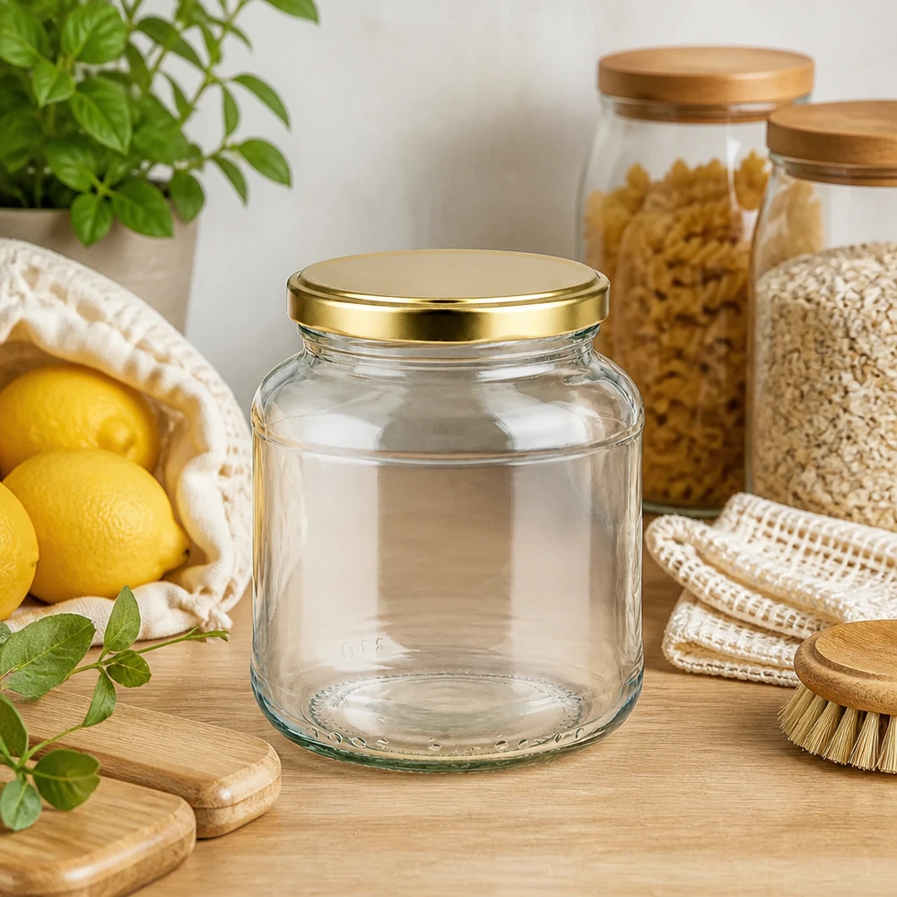 Vasetto ovale da 370 ml con coperchio BasicSeal oro UNiTWIST Vaso ovale da 370 ml vuoto con coperchio BasicSeal dorato UNiTWIST in una cucina naturale con limoni ed erbe aromatiche