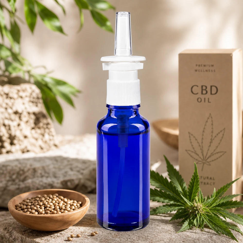 Flacone spray nasale ApoGlas da 30 ml, colore blu cobalto, con olio di CBD e decorazione naturale