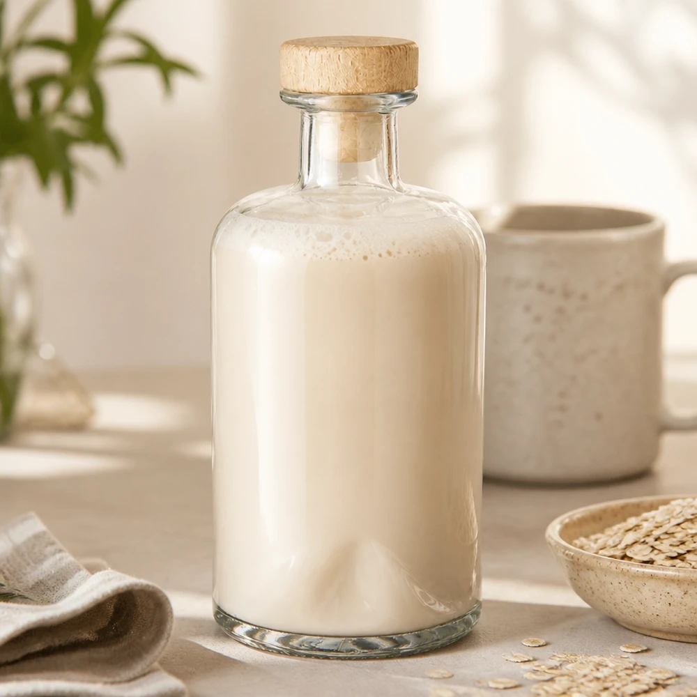 Flacone farmaceutico da 500 ml Sofia con tappo in sughero con impugnatura in legno UNiTWIST® 500ml Glasflasche Sofia mit Milch befüllt in natürlicher Küchenszene mit Haferflocken und cremefarbener Keramik