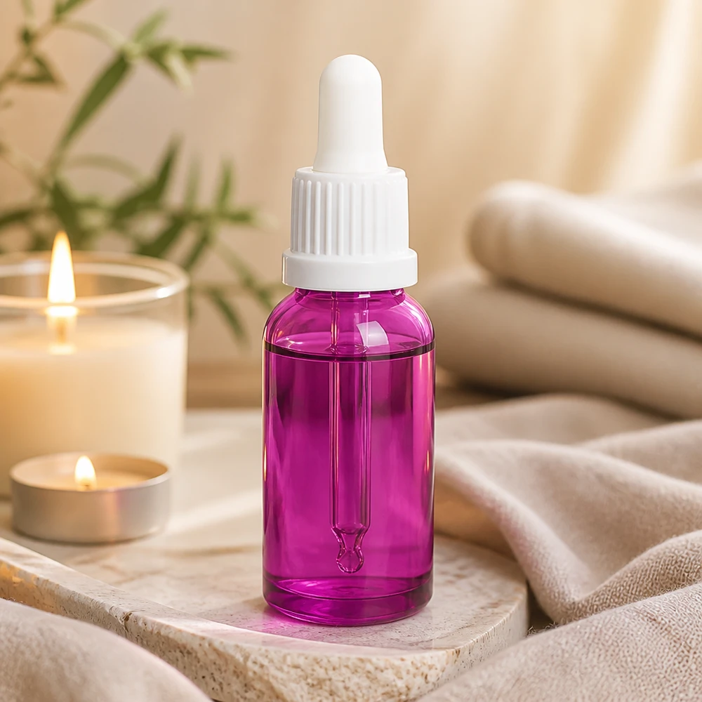 Flacone per pipette da 20 ml bianco Originality con tappo a vite PurpleLine UT18/20 Bottiglia di vetro di alta qualità da 20 ml con pipetta in viola per cosmetici fai da te