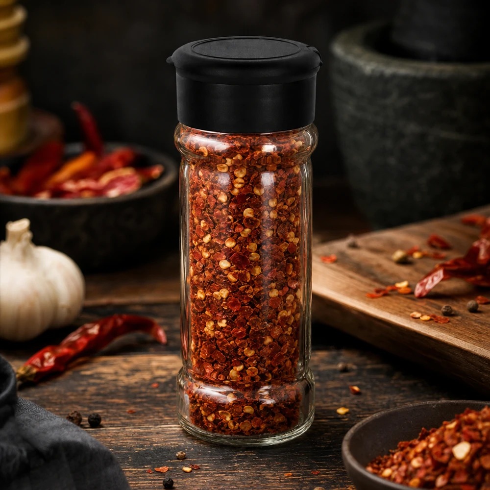 Barattolo per spezie da 100 ml riempito con fiocchi di peperoncino e dotato di coperchio dosatore nero su base in legno