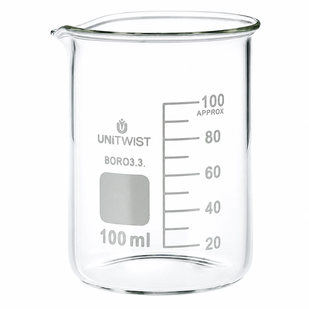 Bicchiere da 100 ml in borosilicato, di forma bassa, della UNiTWIST con scala in millilitri