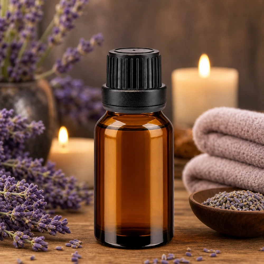 Flacone da farmacia da 15 ml, marrone, con lavanda e candele disposte in un’atmosfera rilassante da spa