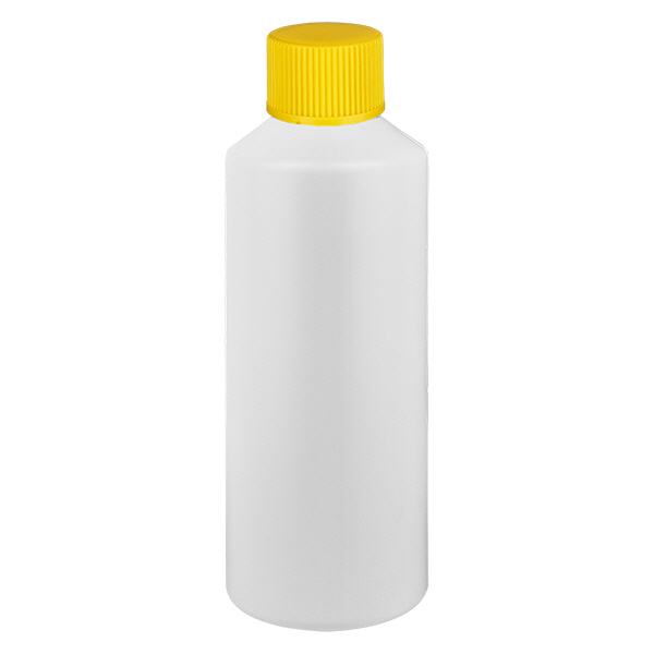 Flacone farmaceutico HDPE 100ml bianco, con tappo giallo SV Flacone farmaceutico HDPE 100ml bianco, con tappo giallo SV