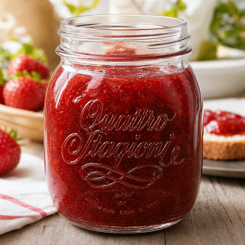Vasetto casalingo Quattro Stagioni da 700 ml pieno di marmellata rossa accanto a fragole fresche su un tavolo di legno