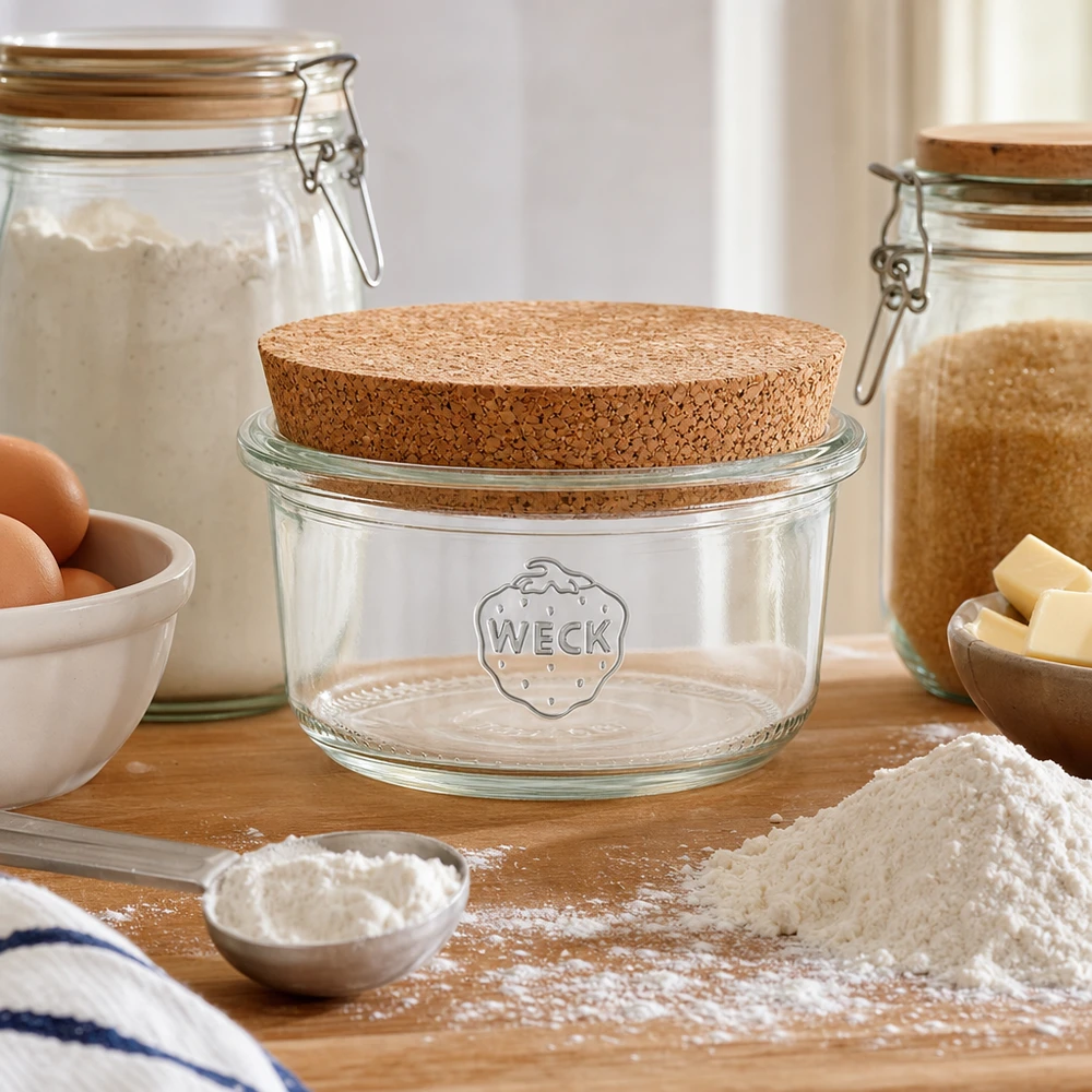 WECK barattolo di stoccaggio 165ml RR80 coperchio in sughero cucina ingredienti da forno farina uova burro naturale scena cucina di stoccaggio