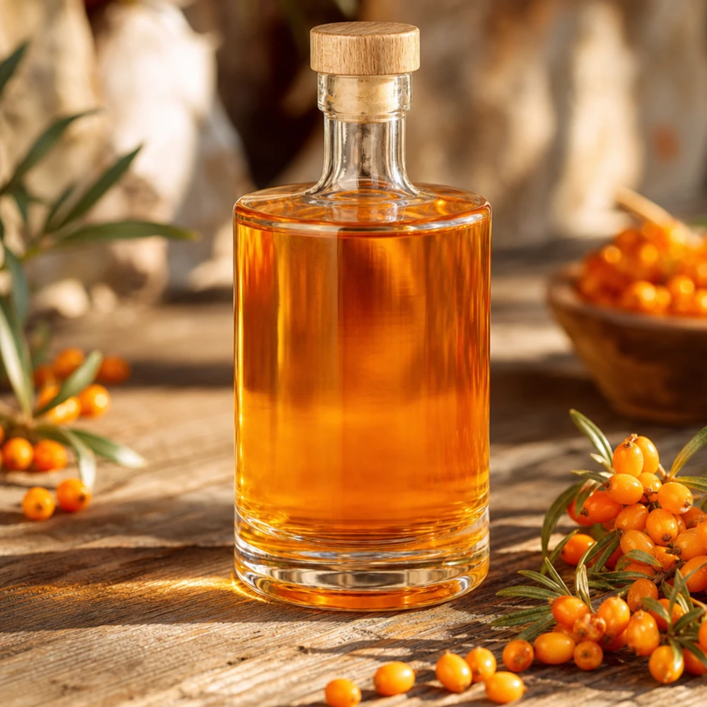 Bottiglia in vetro da 500 ml Marie riempita di liquore all'olivello spinoso - tappo in legno UNiTWIST - immagine decorativa con bacche di olivello spinoso