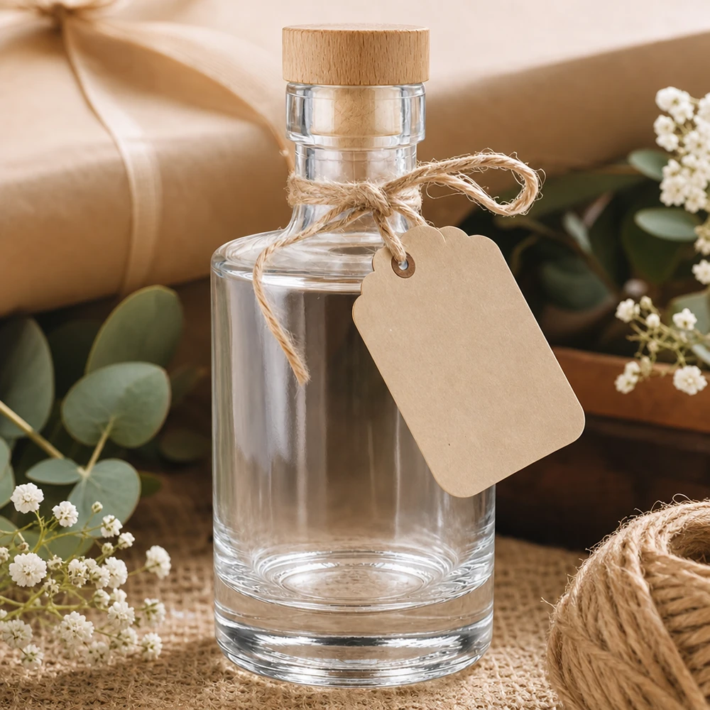 Bottiglia in vetro da 200 ml Marie con tappo in sughero con impugnatura in legno UNiTWIST® Bottiglia in vetro da 200 ml Marie vuota con tappo in legno, etichetta in carta kraft, confezione regalo con eucalipto e gypsophila