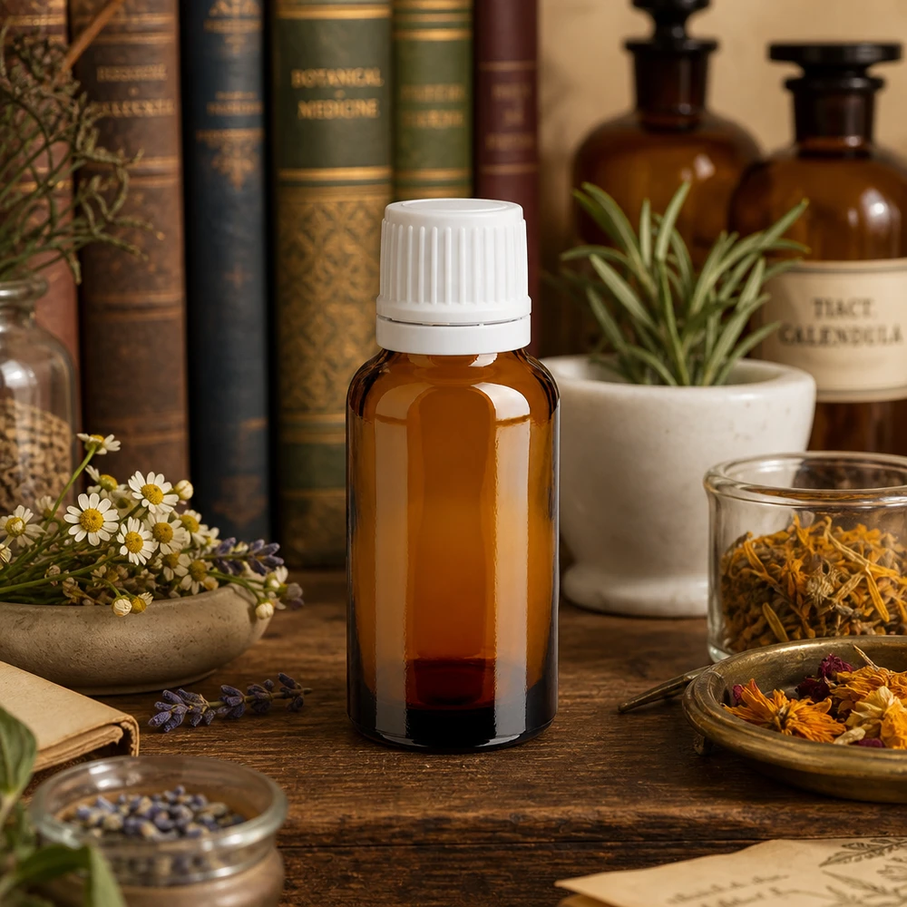 Piccolo flacone da farmacia marrone da 20 ml con tappo contagocce bianco, davanti a libri ed erbe medicinali