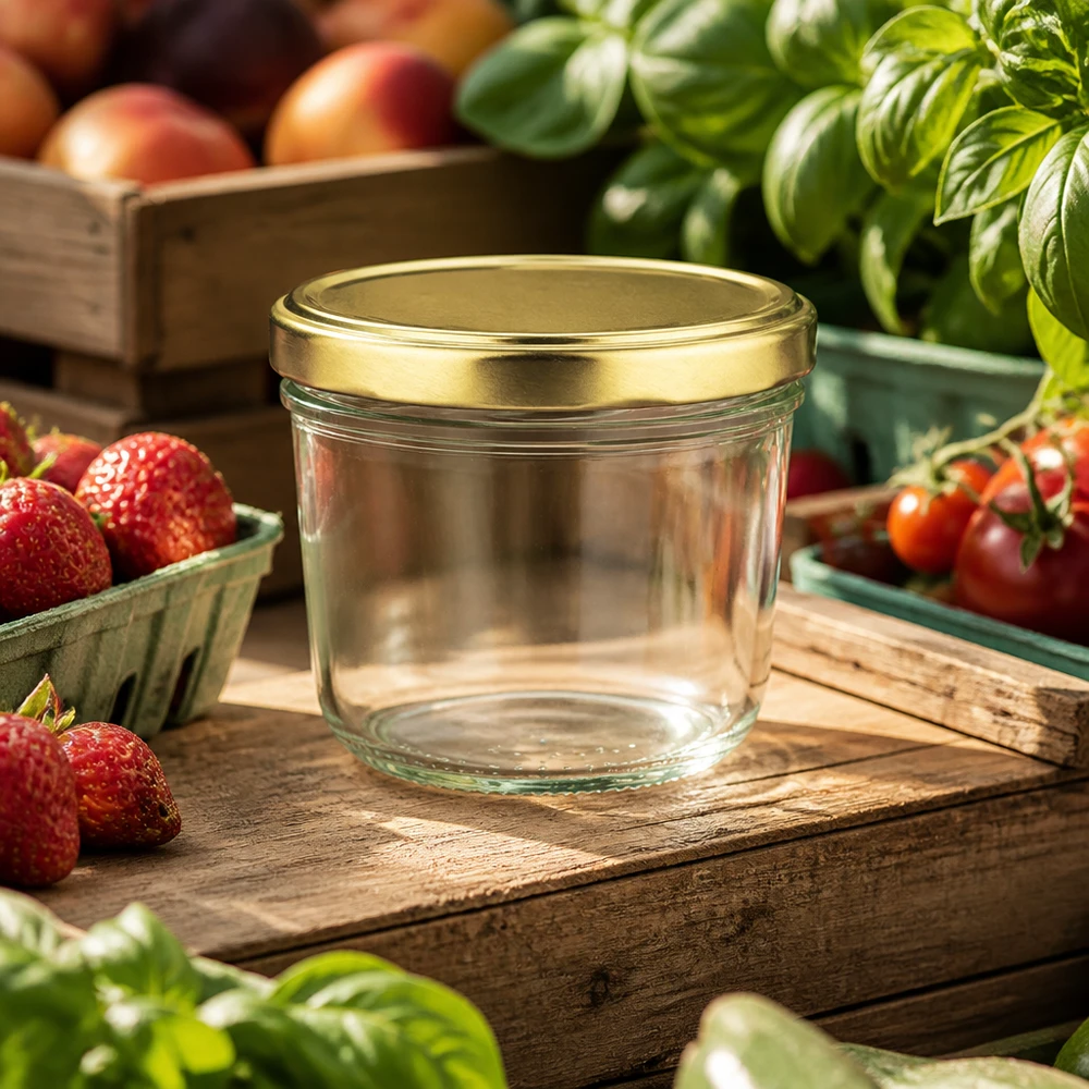Bicchieri da 230 ml con coperchio BasicSeal oro UNiTWIST Bicchieri da 230 ml con coperchio BasicSeal dorato su una tavola di legno rustica circondata da fragole e pomodori freschi.