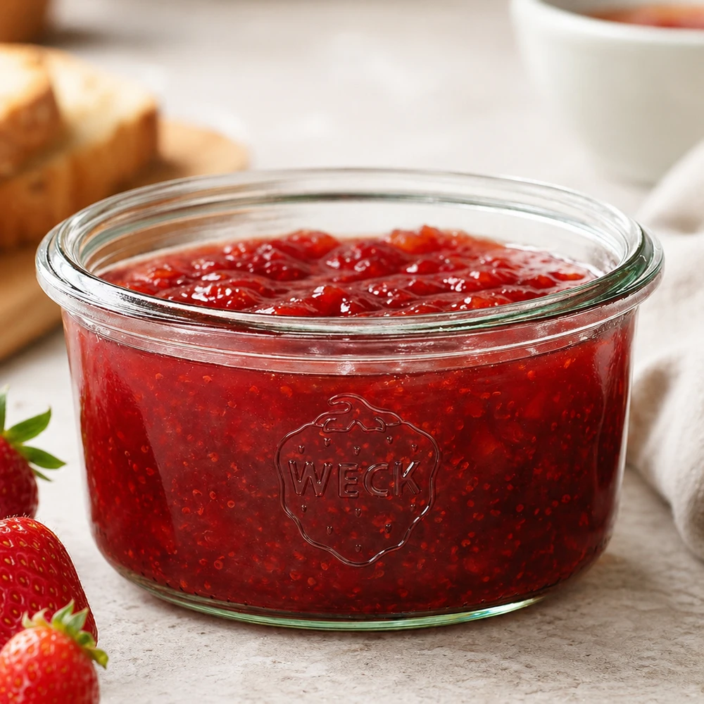 Barattolo WECK RR80 da 165 ml riempito di marmellata di fragole rosse su un tavolo di legno bianco accanto a fragole fresche e pane